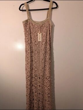 In LOOM Beige Crochet Maxi Dress with Knit Straps